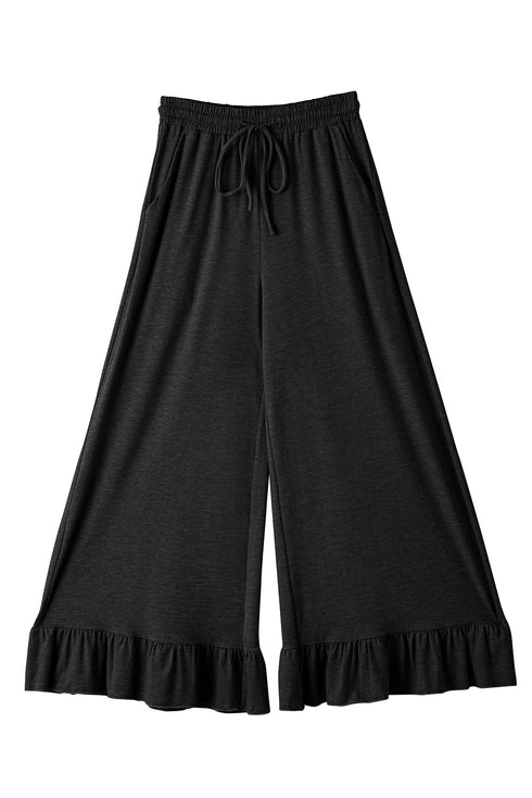 Pull On Elastic High Waist Drawstring Pocket Ruffle Hem Wide Leg Pants