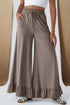 Pull On Elastic High Waist Drawstring Pocket Ruffle Hem Wide Leg Pants