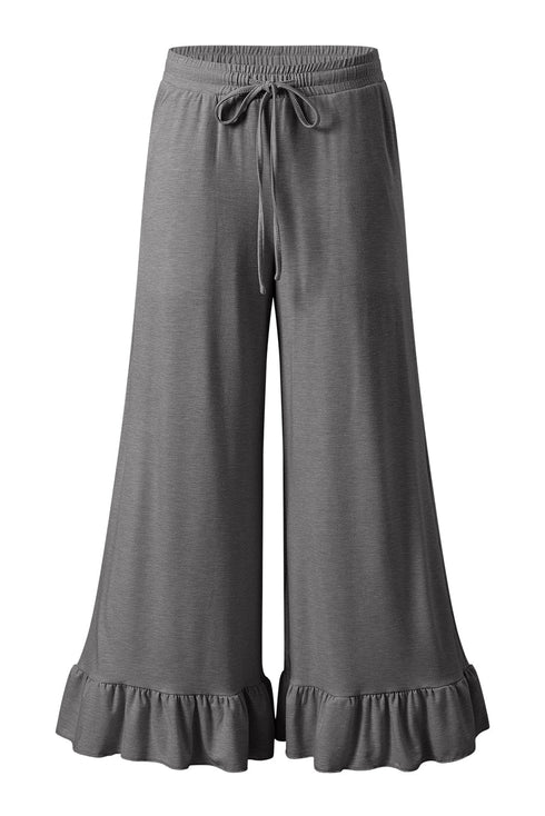 Pull On Elastic High Waist Drawstring Pocket Ruffle Hem Wide Leg Pants