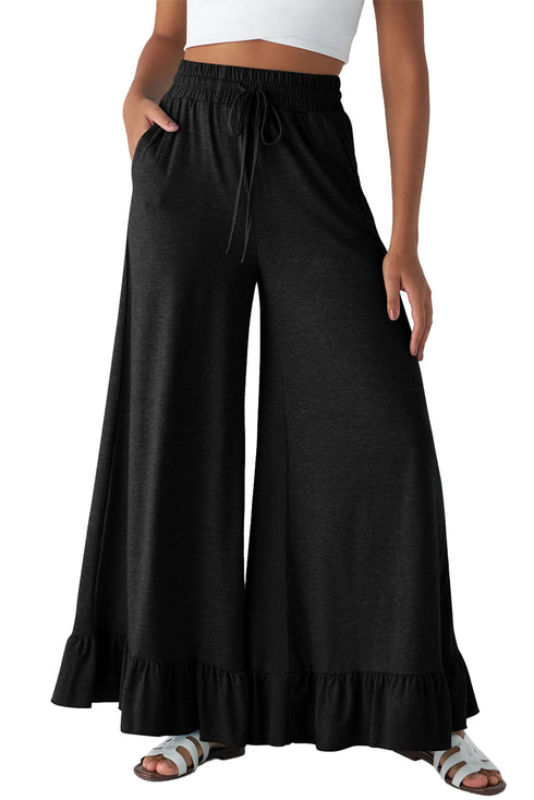 Pull On Elastic High Waist Drawstring Pocket Ruffle Hem Wide Leg Pants