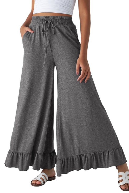 Pull On Elastic High Waist Drawstring Pocket Ruffle Hem Wide Leg Pants