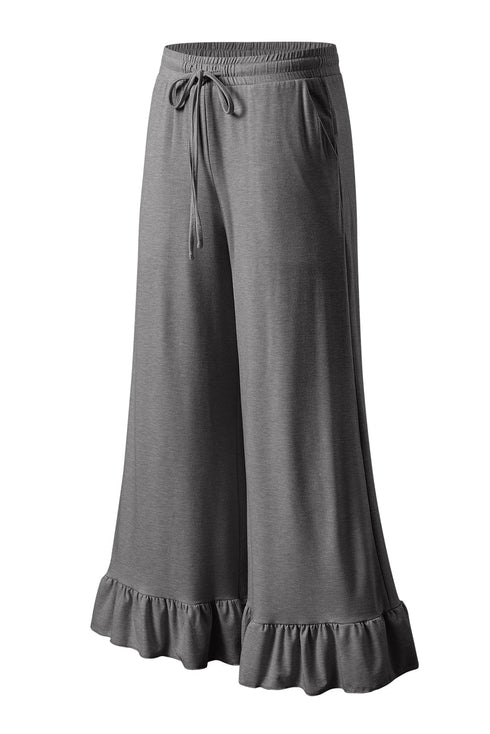 Pull On Elastic High Waist Drawstring Pocket Ruffle Hem Wide Leg Pants