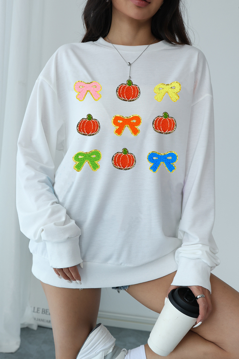 Pumpkin And Bow Chenille Patch Crew Neck Sweatshirt