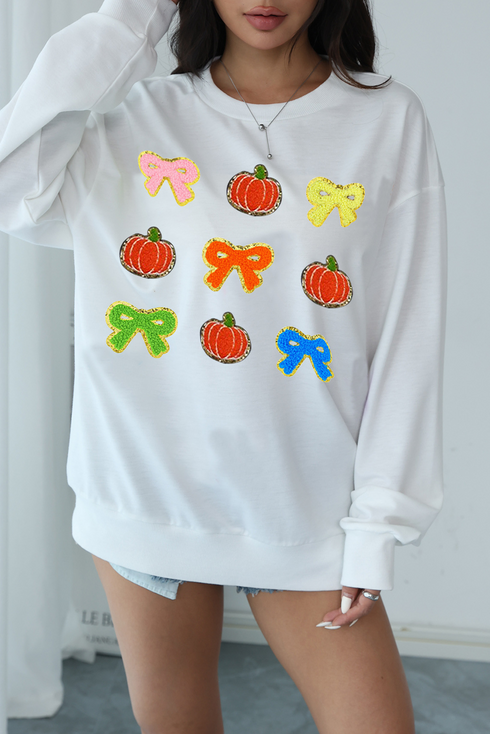 Pumpkin And Bow Chenille Patch Crew Neck Sweatshirt