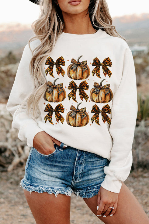Pumpkin And Bow Graphic Print Pullover Sweatshirt