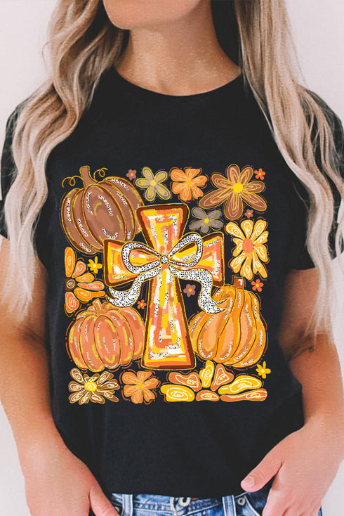 Pumpkin And Cross Graphic Print Cotton Blend Tee