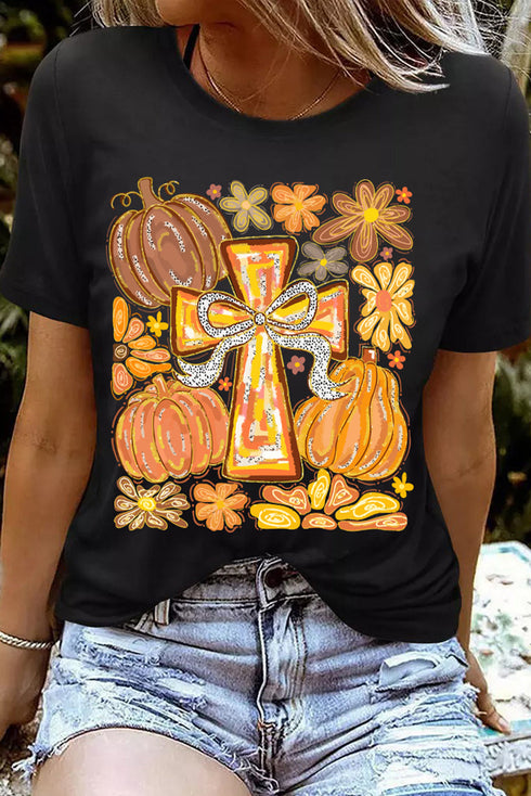 Pumpkin And Cross Graphic Print Cotton Blend Tee