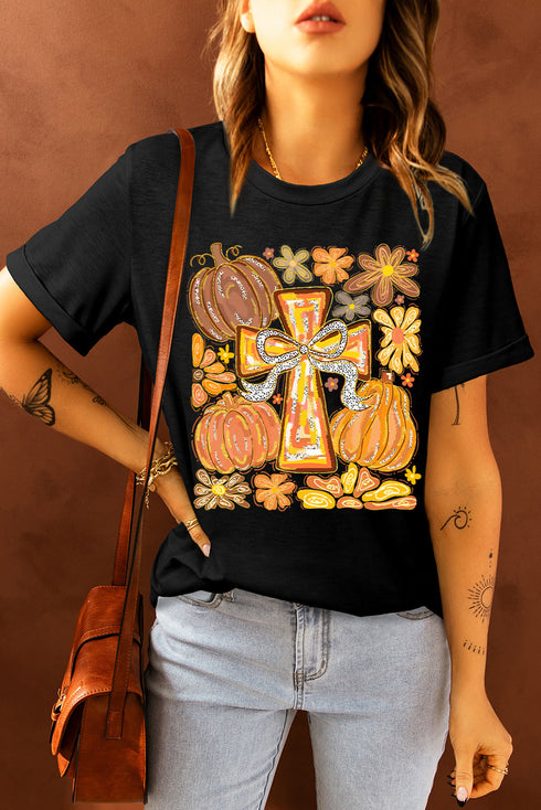 Pumpkin And Cross Graphic Print Cotton Blend Tee