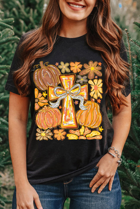 Pumpkin And Cross Graphic Print Cotton Blend Tee