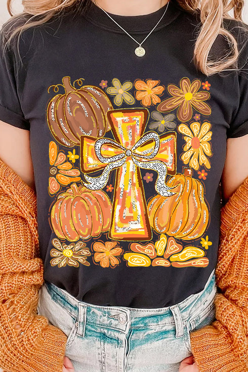 Pumpkin And Cross Graphic Print Cotton Blend Tee