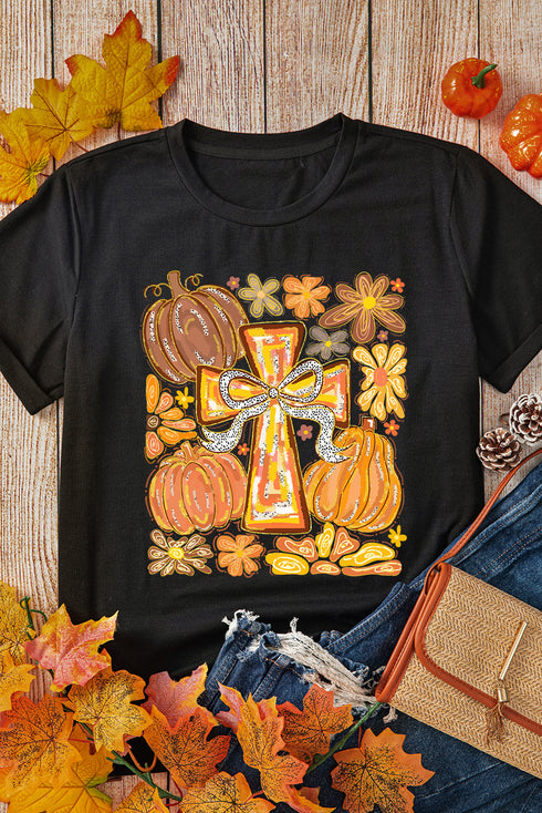 Pumpkin And Cross Graphic Print Cotton Blend Tee
