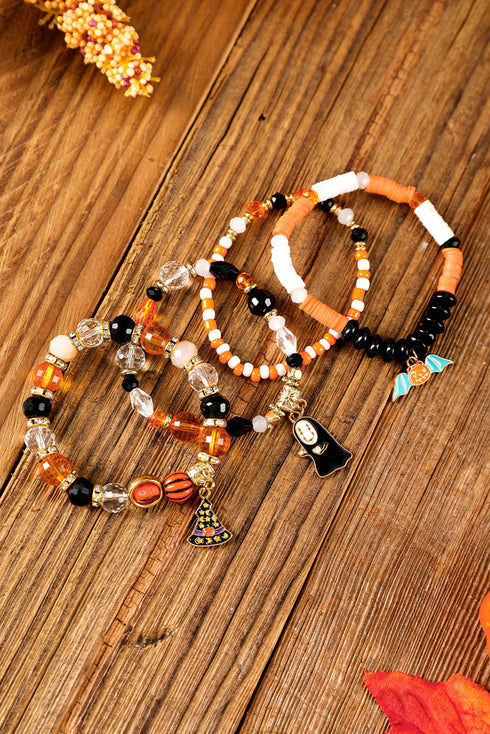 Pumpkin And Ghost Charm Beaded Stretch Bracelet Set