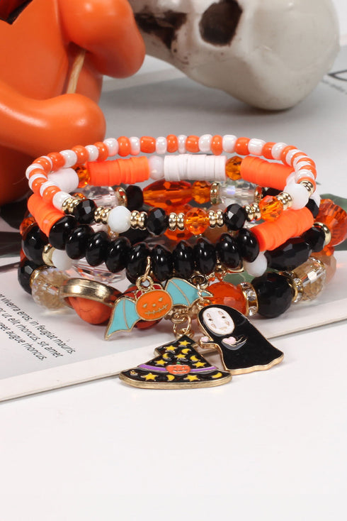 Pumpkin And Ghost Charm Beaded Stretch Bracelet Set