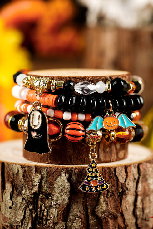 Pumpkin And Ghost Charm Beaded Stretch Bracelet Set