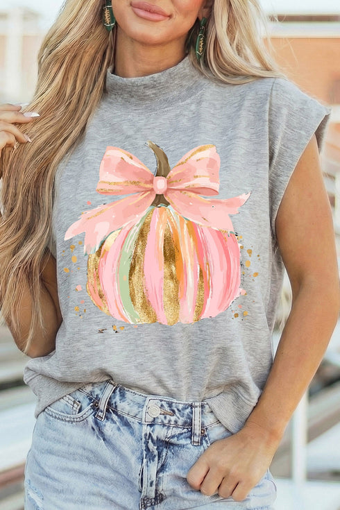 Pumpkin Bow Graphic High Neck Cap Sleeve Graphic Tee