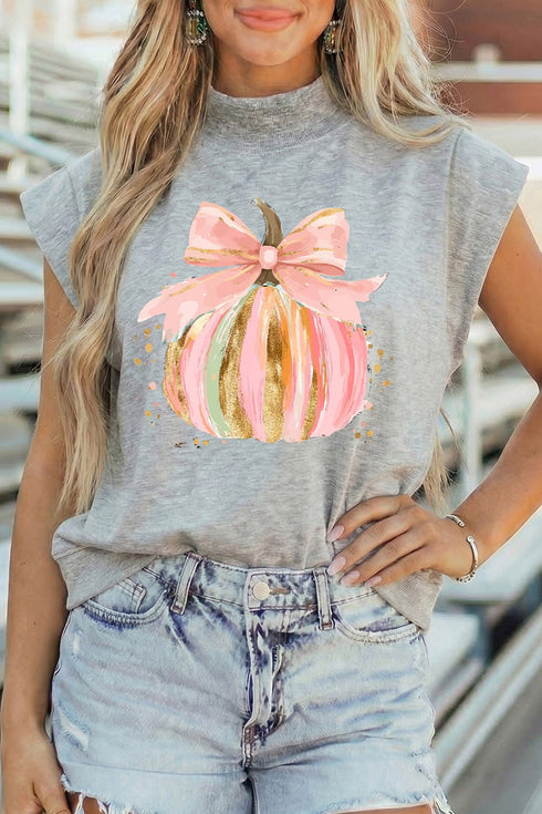 Pumpkin Bow Graphic High Neck Cap Sleeve Graphic Tee
