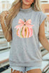 Pumpkin Bow Graphic High Neck Cap Sleeve Graphic Tee
