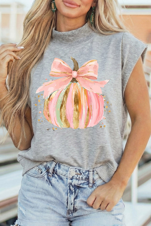 Pumpkin Bow Graphic High Neck Cap Sleeve Graphic Tee