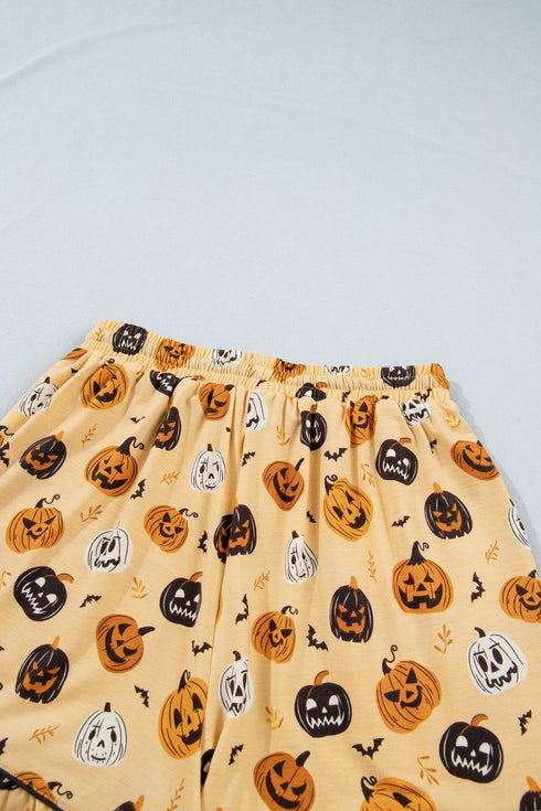 Pumpkin Face Print Ruffle Long Sleeve Two Piece Lounge Set