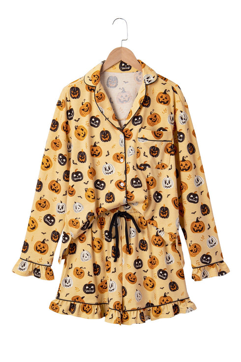 Pumpkin Face Print Ruffle Long Sleeve Two Piece Lounge Set