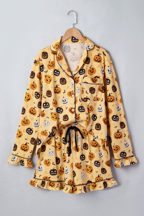 Pumpkin Face Print Ruffle Long Sleeve Two Piece Lounge Set
