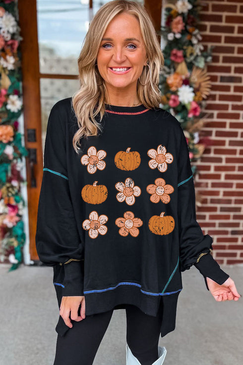 Pumpkin Floral Graphic Exposed Seam Tunic Sweatshirt