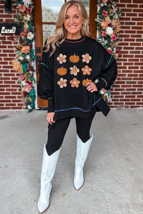 Pumpkin Floral Graphic Exposed Seam Tunic Sweatshirt