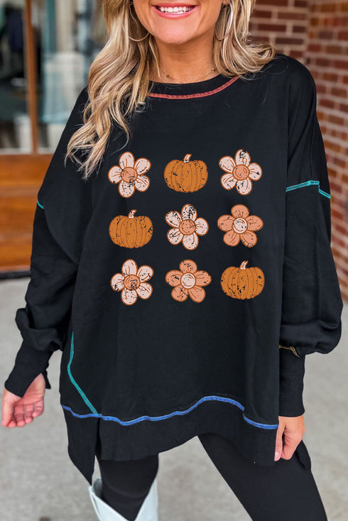 Pumpkin Floral Graphic Exposed Seam Tunic Sweatshirt