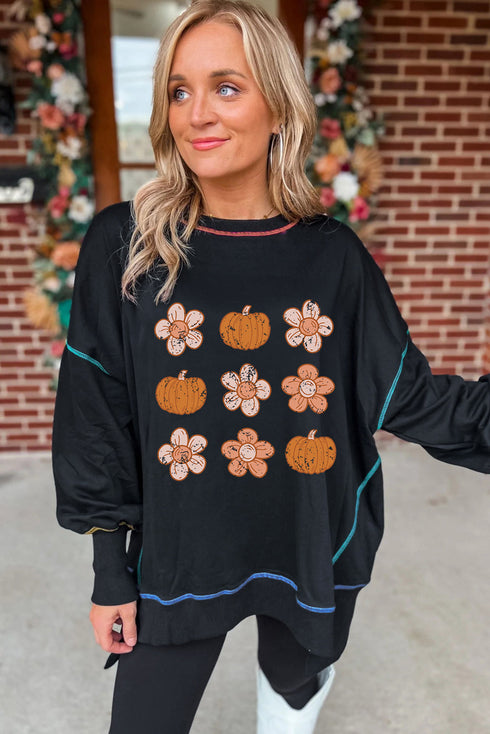 Pumpkin Floral Graphic Exposed Seam Tunic Sweatshirt