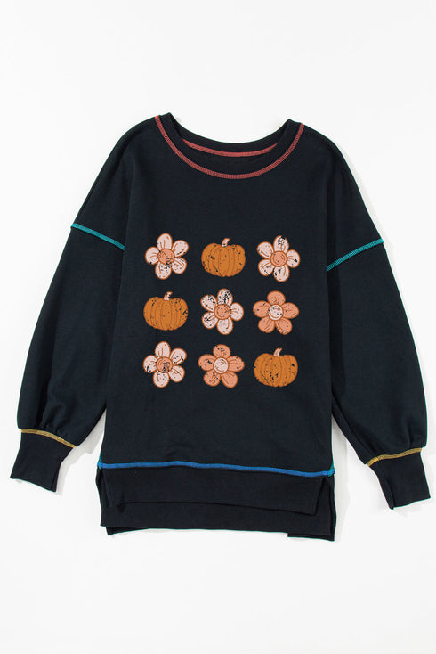 Pumpkin Floral Graphic Exposed Seam Tunic Sweatshirt