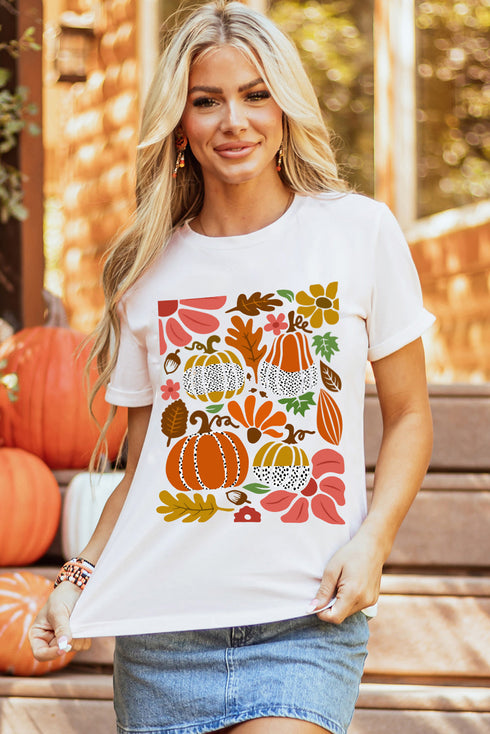 Pumpkin Floral Graphic Print Short Sleeve Crew Neck Tee
