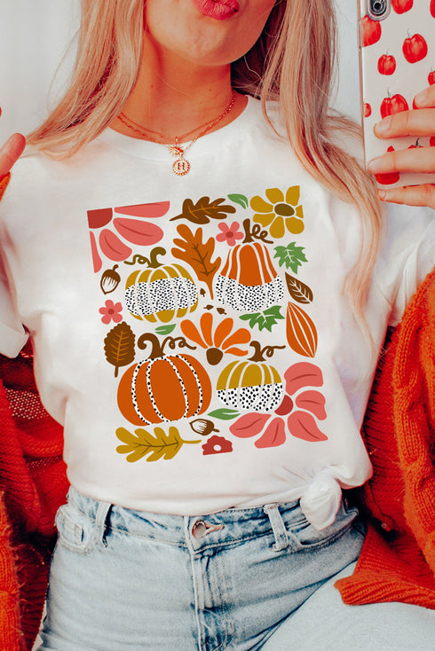 Pumpkin Floral Graphic Print Short Sleeve Crew Neck Tee