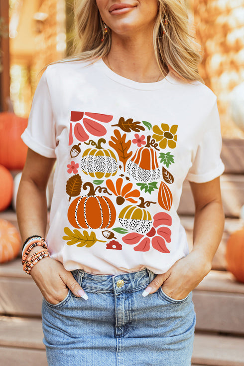 Pumpkin Floral Graphic Print Short Sleeve Crew Neck Tee