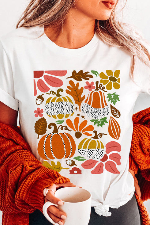 Pumpkin Floral Graphic Print Short Sleeve Crew Neck Tee