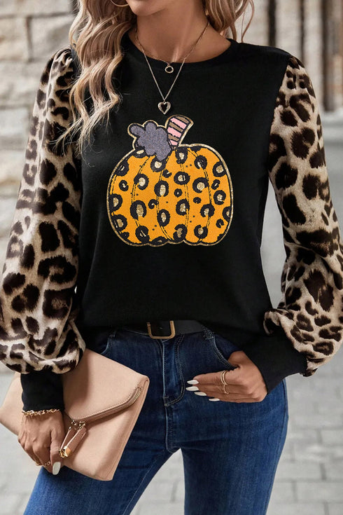 Pumpkin Graphic Leopard Sleeve Knit Long Sleeve Tee