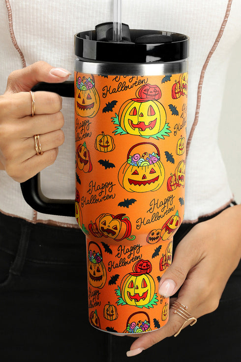 Pumpkin Graphic Print Alloy Handle Travel Tumbler