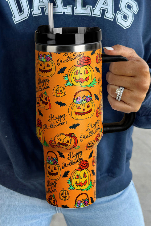 Pumpkin Graphic Print Alloy Handle Travel Tumbler