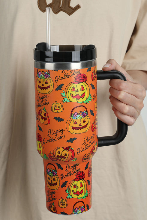 Pumpkin Graphic Print Alloy Handle Travel Tumbler