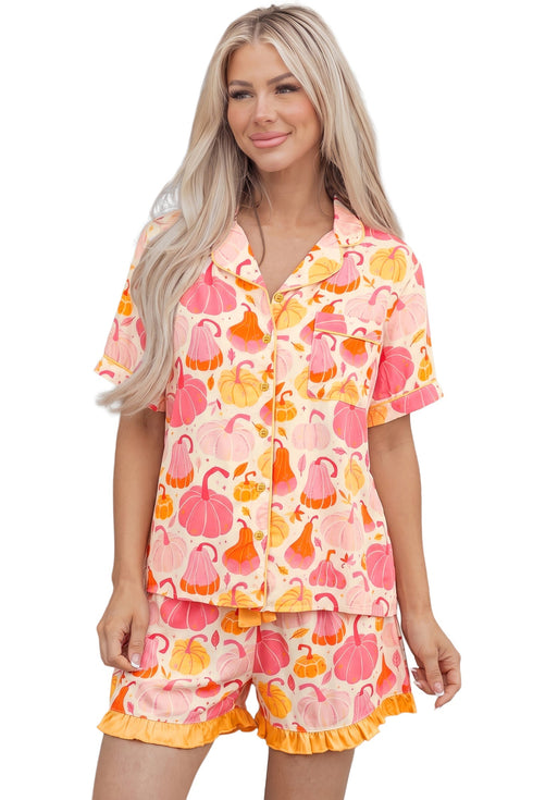 Pumpkin Print Pocket Placket Shell Button Lounge Set