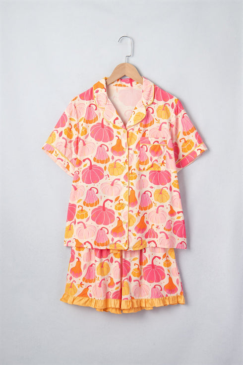 Pumpkin Print Pocket Placket Shell Button Lounge Set