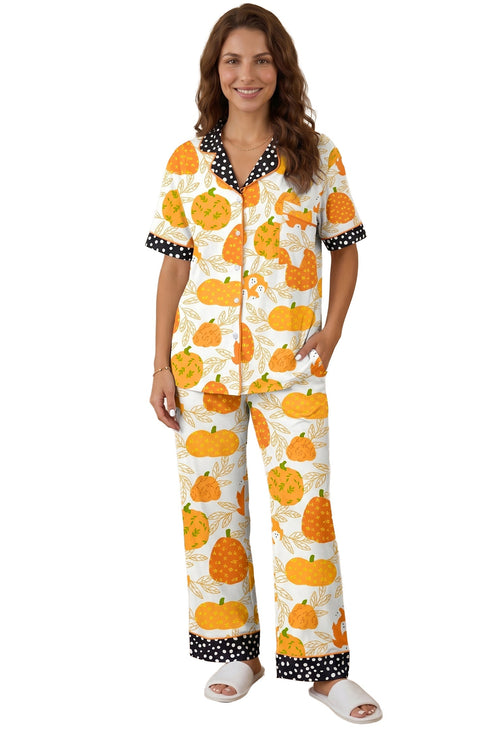Pumpkin Print Polka Dot Trim Short Sleeve Pocket Loungewear Set