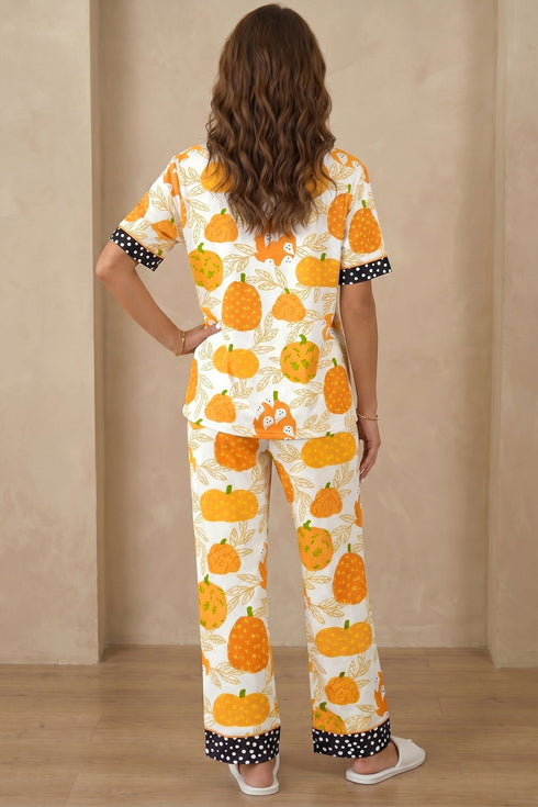 Pumpkin Print Polka Dot Trim Short Sleeve Pocket Loungewear Set
