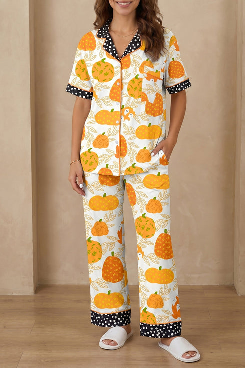 Pumpkin Print Polka Dot Trim Short Sleeve Pocket Loungewear Set