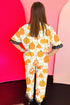 Pumpkin Print Polka Dot Trim Short Sleeve Pocket Loungewear Set