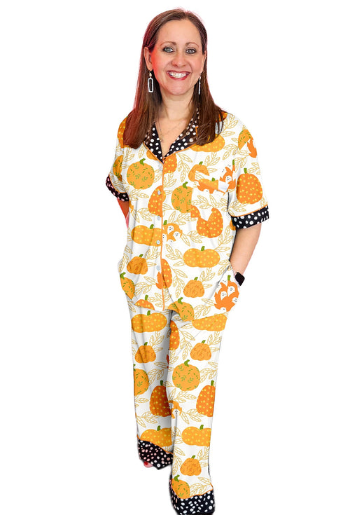 Pumpkin Print Polka Dot Trim Short Sleeve Pocket Loungewear Set