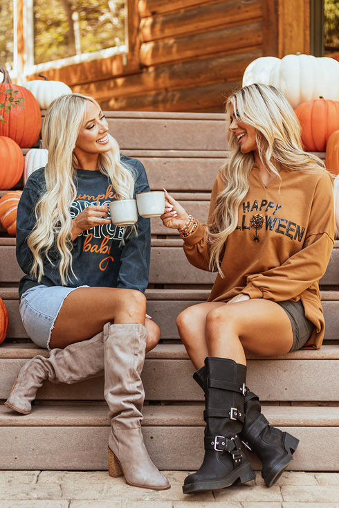 Pumpkin Spice Graphic Corded Knit Long Sleeve Pullover