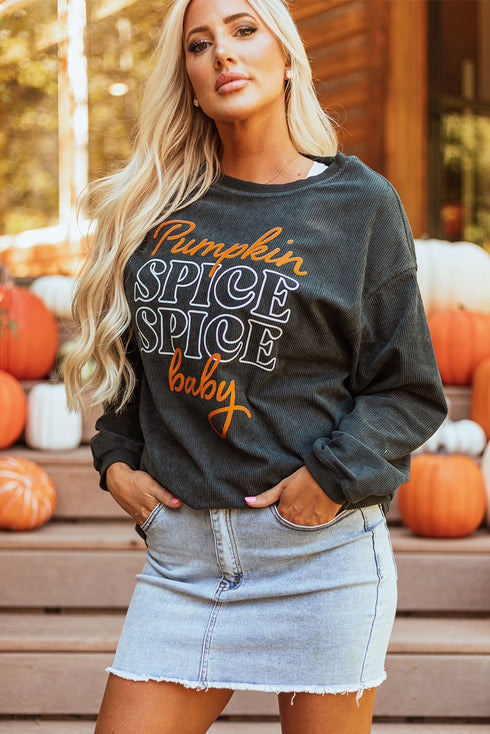 Pumpkin Spice Graphic Corded Knit Long Sleeve Pullover