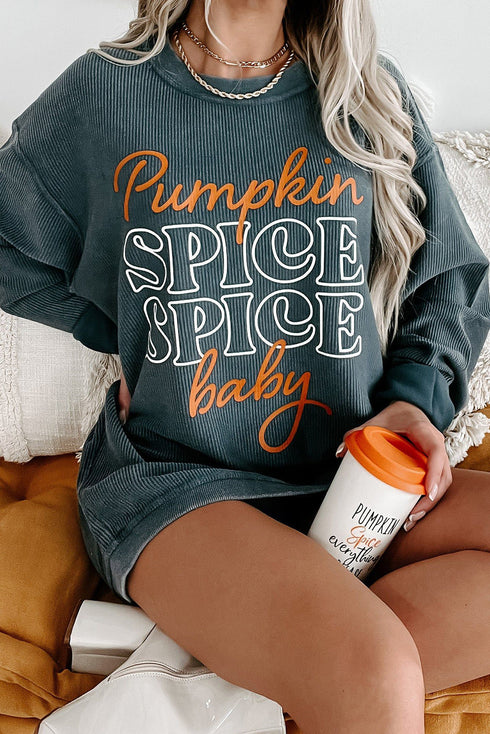 Pumpkin Spice Graphic Corded Knit Long Sleeve Pullover