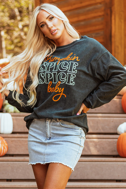Pumpkin Spice Graphic Corded Knit Long Sleeve Pullover