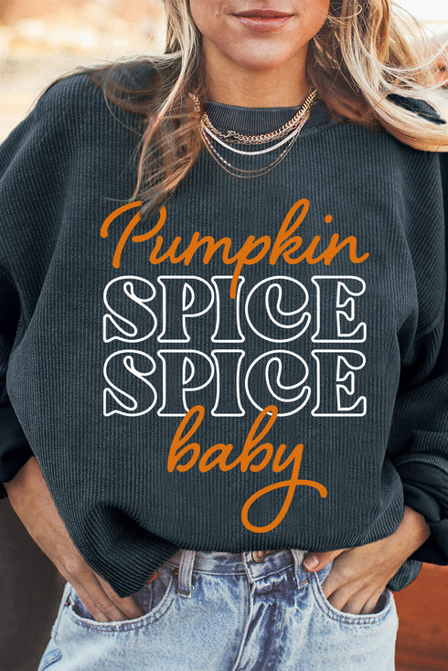 Pumpkin Spice Graphic Corded Knit Long Sleeve Pullover